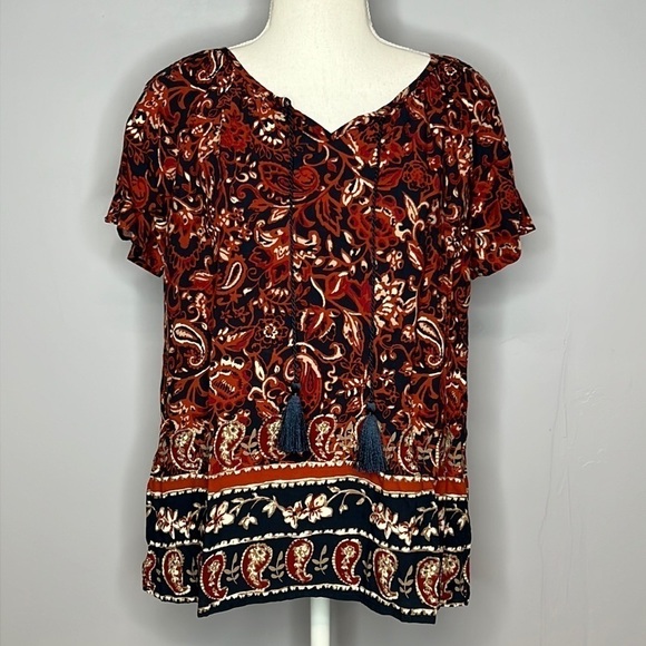 CHRISTOPHER & BANKS SMALL RUST AND NAVY BLUE BOHO BLOUSE SMALL - Picture 1 of 7